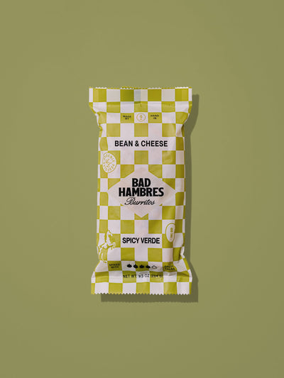 Product shot of a Bad Hambres Spicy Verde burrito packaging